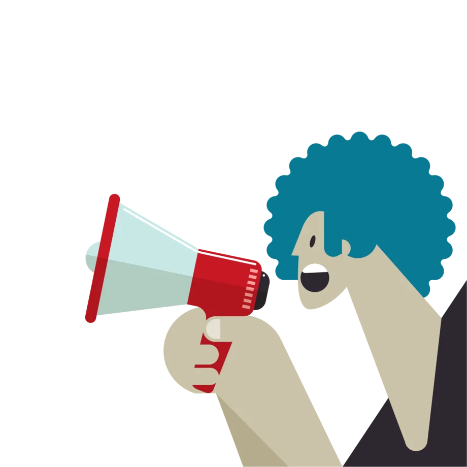 Illustration einer Person mit blauem Afro-Haar, die in ein rotes Megafon spricht, Symbol für Kommunikation, Marketing und Botschaftsvermittlung bei digitalstreetwork.ch